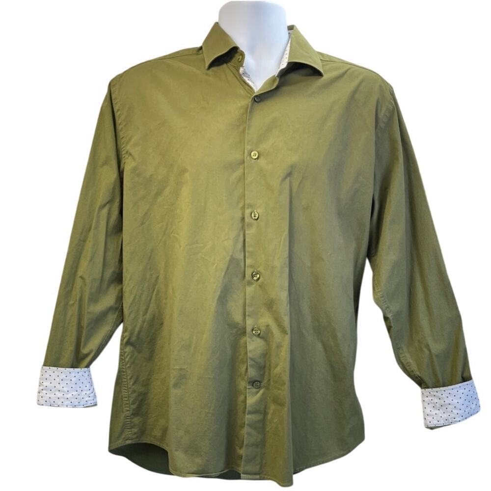 LU Linea Uomo Mens L Green Stretch Button Up Business Casual Shirt
